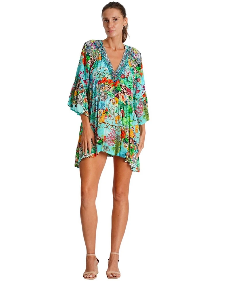 La Moda Clothing Women's Multicolor Mini Dress with Side Asymmetrical Hem and Beaded Neckline