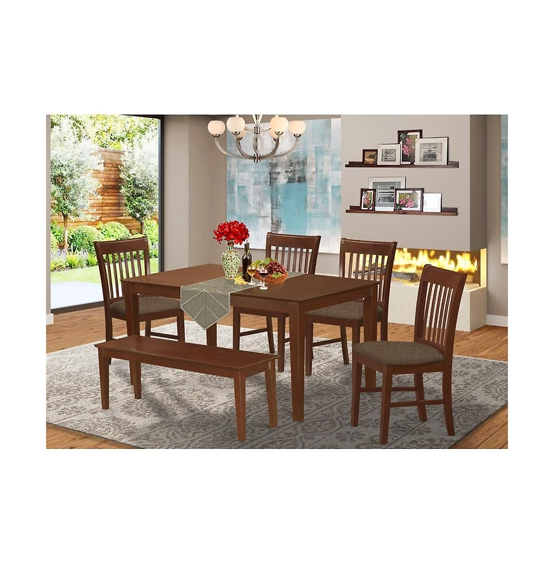 East West Furniture CANO6C-mah-c 6-Pc Dining Table with bench set- Table and 4 Dining Chairs and Bench
