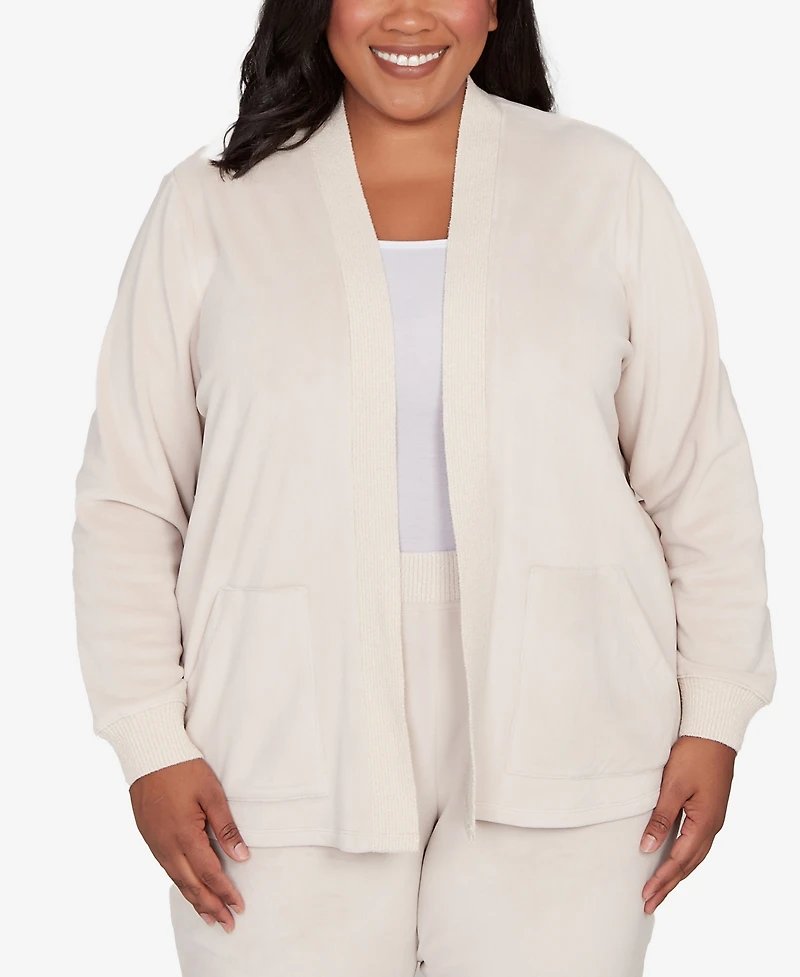 Alfred Dunner Plus Calm Luxe Open Front Rib Trim Cardigan
