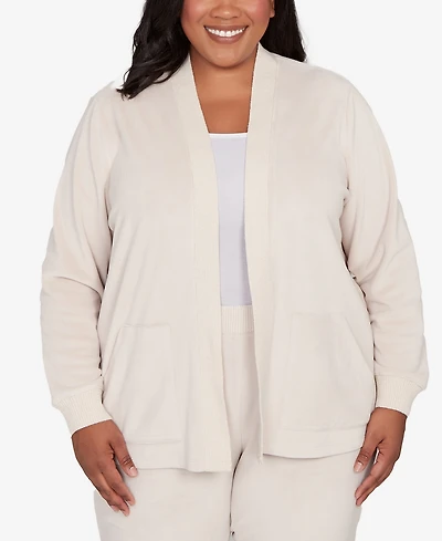 Alfred Dunner Plus Calm Luxe Open Front Rib Trim Cardigan