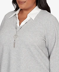 Alfred Dunner Plus Stockbridge Diamond Jacquard Two One Top With Necklace