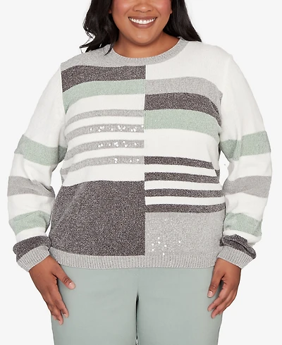 Alfred Dunner Plus Stockbridge Stripe Sequin Colorblock Chenille Sweater