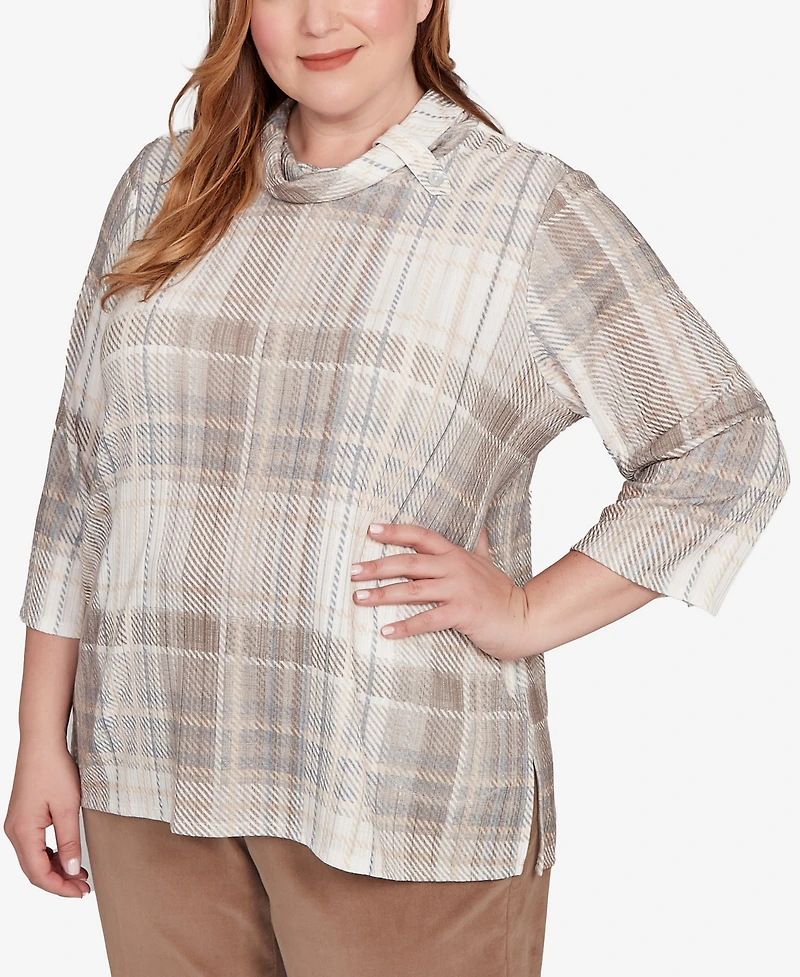 Alfred Dunner Plus Vienna Draped Cowl Neckline Plaid Knit Top