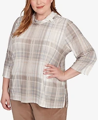 Alfred Dunner Plus Vienna Draped Cowl Neckline Plaid Knit Top