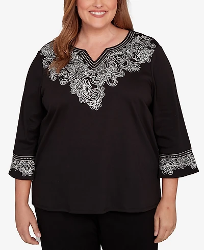 Alfred Dunner Plus Barcelona Embroidered Scroll Accent Soft Knit Top