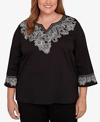 Alfred Dunner Plus Barcelona Embroidered Scroll Accent Soft Knit Top