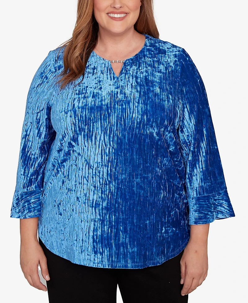 Alfred Dunner Plus Barcelona Crushed Velvet Keyhole Bell Sleeve Top