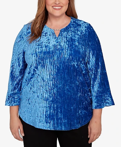 Alfred Dunner Plus Barcelona Crushed Velvet Keyhole Bell Sleeve Top