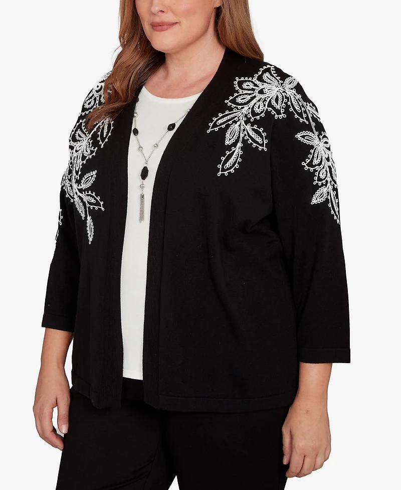 Alfred Dunner Plus Barcelona Floral Soutache Two One Sweater With Necklace
