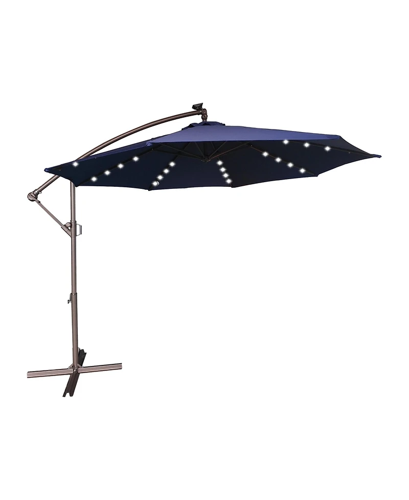 Clihome 11FT Solar Offset Umbrella with 32 Led Lights Cantilever Hanging Outdoor Umbrellas Handy Crank & Cross Base for Deck/Backyard/Pool，Red