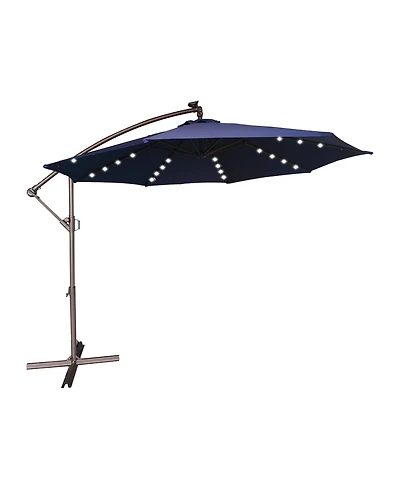 Clihome 11FT Solar Offset Umbrella with 32 Led Lights Cantilever Hanging Outdoor Umbrellas Handy Crank & Cross Base for Deck/Backyard/Pool，Red