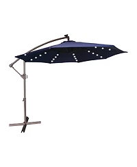 Clihome 11FT Solar Offset Umbrella with 32 Led Lights Cantilever Hanging Outdoor Umbrellas Handy Crank & Cross Base for Deck/Backyard/Pool，Red