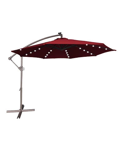 Clihome 11FT Solar Offset Umbrella with 32 Led Lights Cantilever Hanging Outdoor Umbrellas Handy Crank & Cross Base for Deck/Backyard/Pool，Red