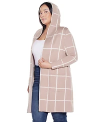 Belldini Plus Size Hooded Windowpane Plaid Cardigan Sweater