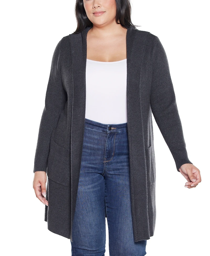 Belldini Plus Hooded Novelty-Stitch Coatigan Sweater