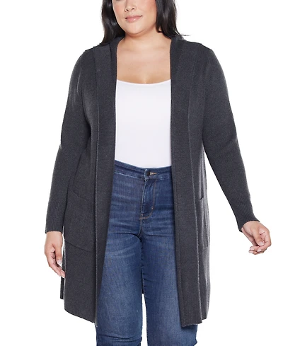 Belldini Plus Hooded Novelty-Stitch Coatigan Sweater