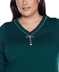 Belldini Plus Size V-Neck Rhinestone-Bow Sweater