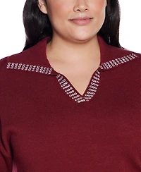 Belldini Plus Size Rhinestone-Trimmed Split-Neck Sweater