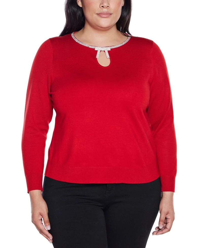 Belldini Plus Women's Embellished Keyhole Crew Neck Sweater
