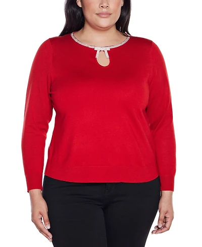 Belldini Plus Women's Embellished Keyhole Crew Neck Sweater