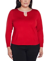 Belldini Plus Women's Embellished Keyhole Crew Neck Sweater