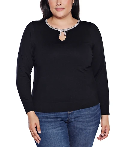 Belldini Plus Size Women's Embellished Keyhole Crew Neck Sweater