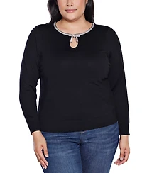 Belldini Plus Size Women's Embellished Keyhole Crew Neck Sweater