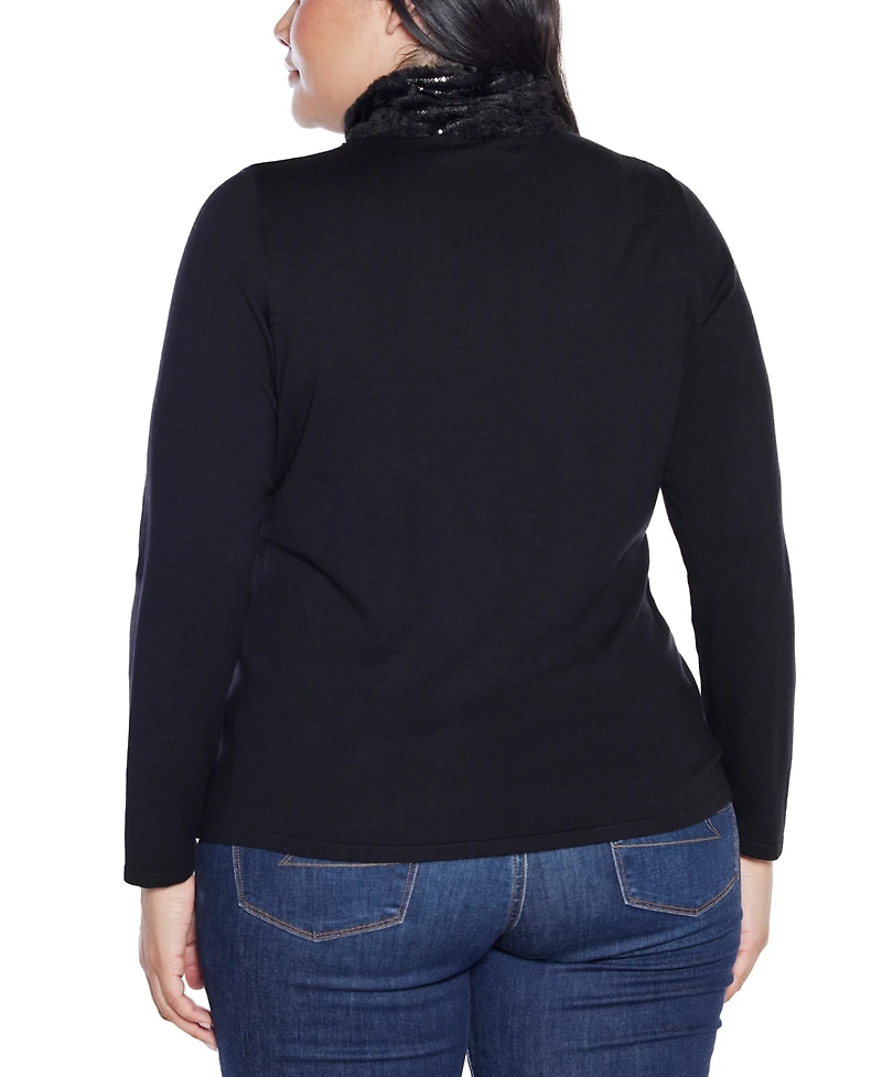 Belldini Plus Black Label Trim Rhinestone-Zip Cardigan Sweater