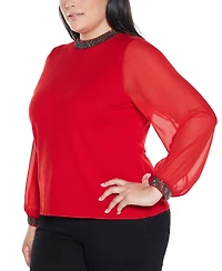Belldini Plus Black Label Rhinestone-Neckline Chiffon-Sleeve Sweater