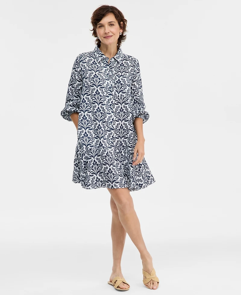 Charter Club Women's 100% Linen Print Button-Front 3/4-Sleeve Dress, Macy's Exclusive