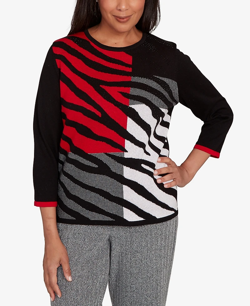 Alfred Dunner Petite Jet Setter Zebra Color Block Long Sleeve Sweater