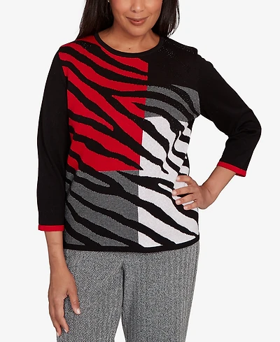 Alfred Dunner Petite Jet Setter Zebra Color Block Long Sleeve Sweater