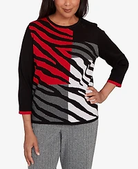 Alfred Dunner Petite Jet Setter Zebra Color Block Long Sleeve Sweater