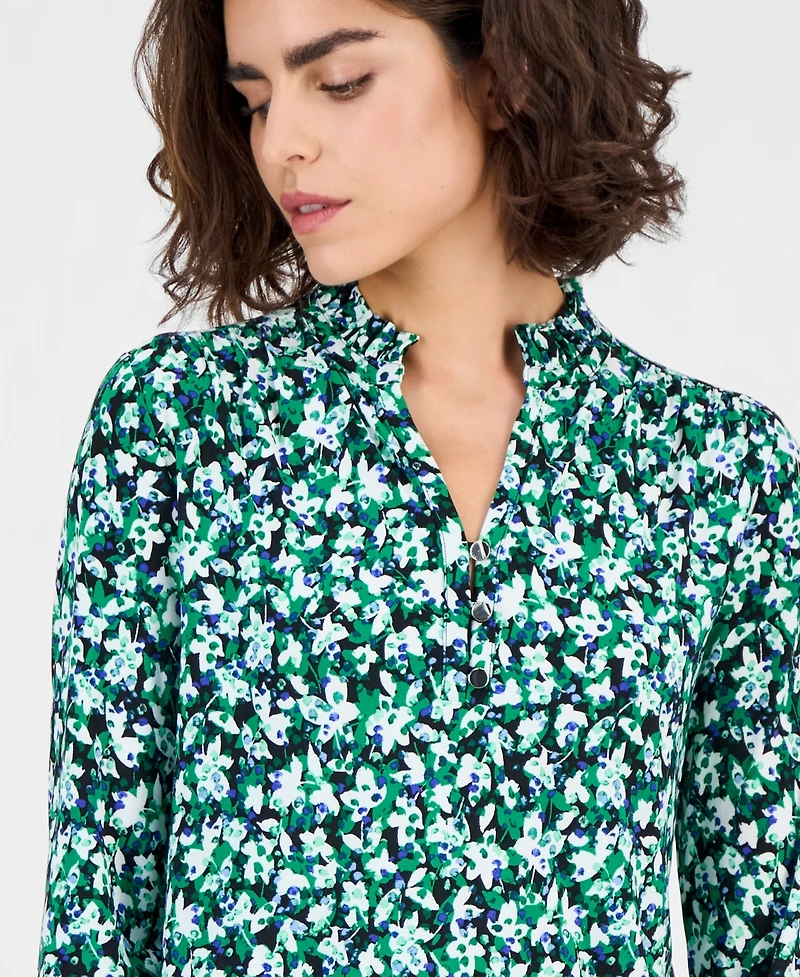 Ak Anne Klein Petite Ruffled-Neck Smocked-Cuff Top