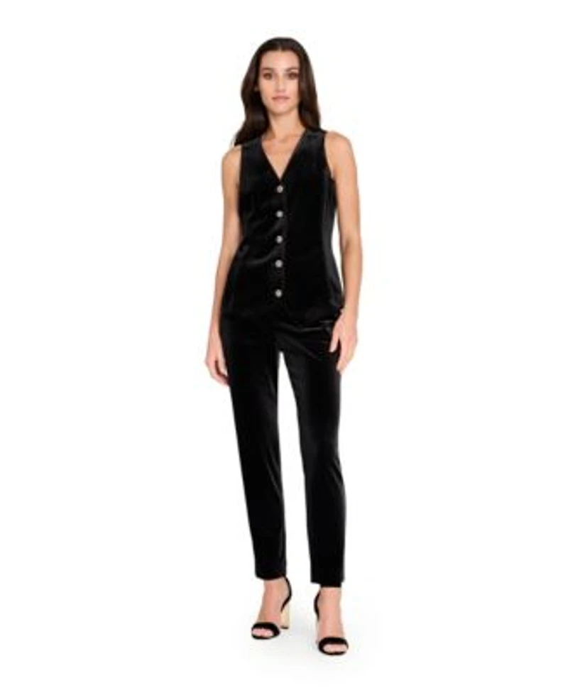 Tahari Asl Womens Collarless Velvet Vest Velvet Ankle Pants