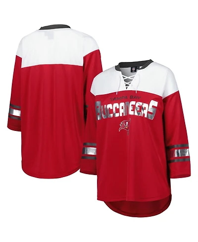 G-iii 4Her by Carl Banks Women's Red/White Tampa Bay Buccaneers Double Team 3/4-Sleeve Lace-Up T-Shirt