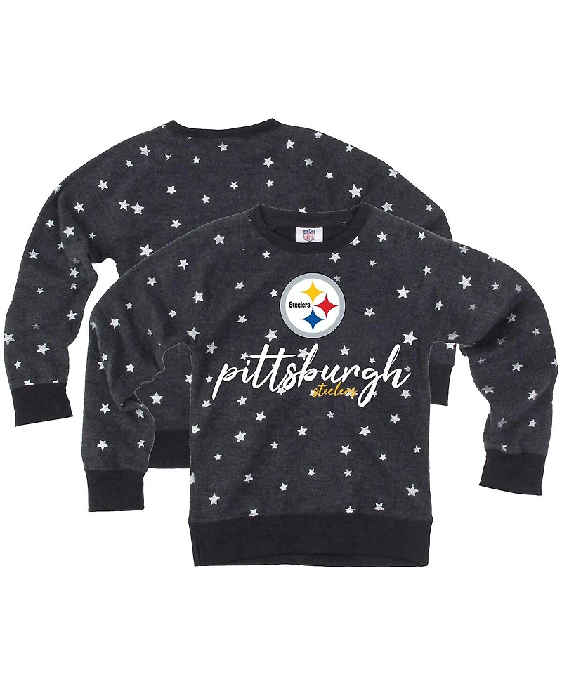 Wes & Willy Big Girls Charcoal Pittsburgh Steelers Shimmer Star Reverse Fleece Pullover Sweatshirt