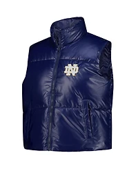 ZooZatz Women's Navy Notre Dame Fighting Irish Metallic Cropped Full-Zip Sleeveless Puffer Vest