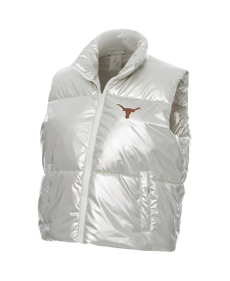 ZooZatz Women's Silver Texas Longhorns Metallic Cropped Full-Zip Sleeveless Puffer Vest