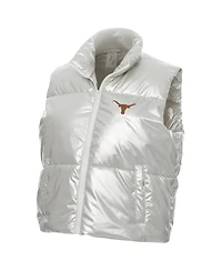ZooZatz Women's Silver Texas Longhorns Metallic Cropped Full-Zip Sleeveless Puffer Vest