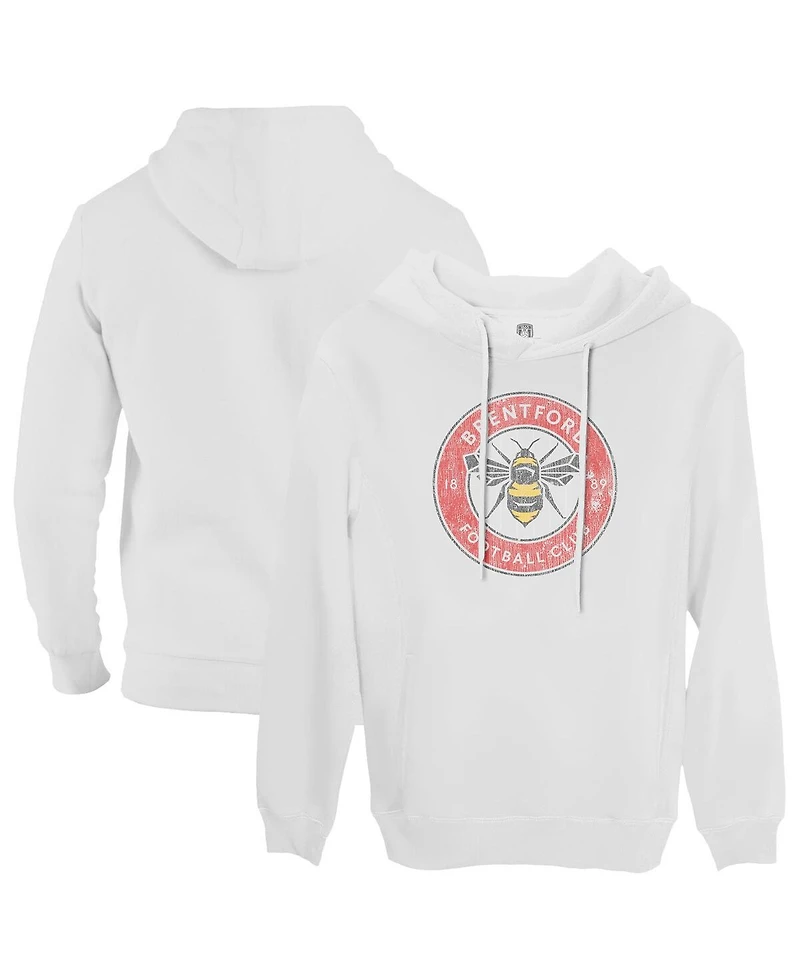 1863FC Men's White Brentford Fc Color Badge Fleece Pullover Hoodie Sweatshirt