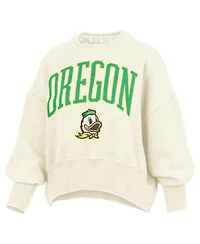 Pressbox Women's Natural Oregon Ducks Oversized Waist-Length Crewneck Sweatshirt