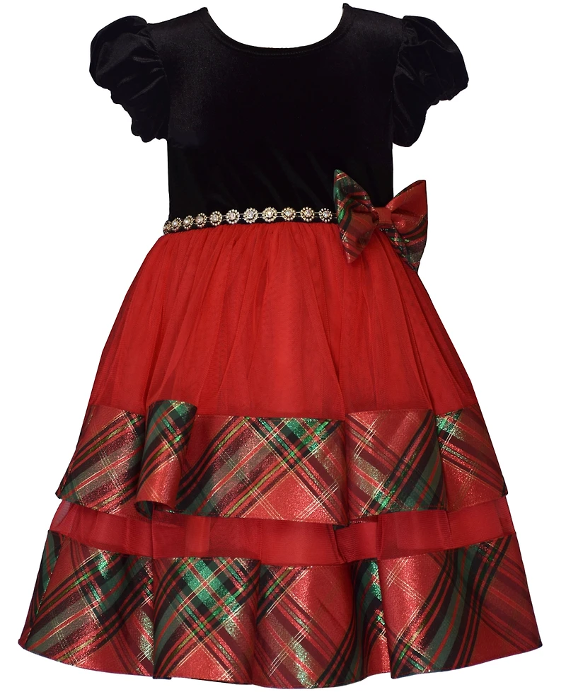 Bonnie Jean Girls 2-6X Short Sleeve Velvet to Tiered Plaid Dress