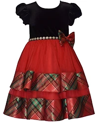 Bonnie Jean Girls 2-6X Short Sleeve Velvet to Tiered Plaid Dress