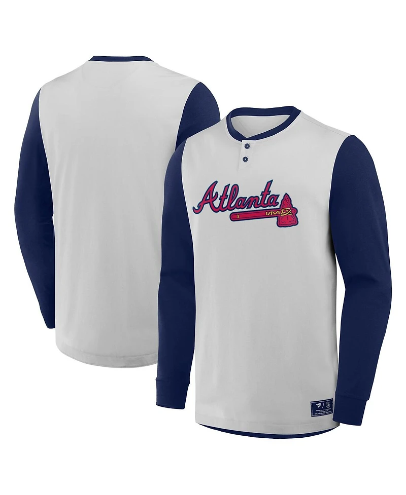 Fanatics Men's Gray/Navy Atlanta Braves Clubhouse Long Sleeve Henley Shirt