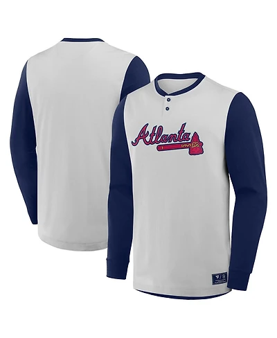 Fanatics Men's Gray/Navy Atlanta Braves Clubhouse Long Sleeve Henley Shirt