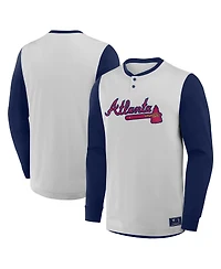 Fanatics Men's Gray/Navy Atlanta Braves Clubhouse Long Sleeve Henley Shirt
