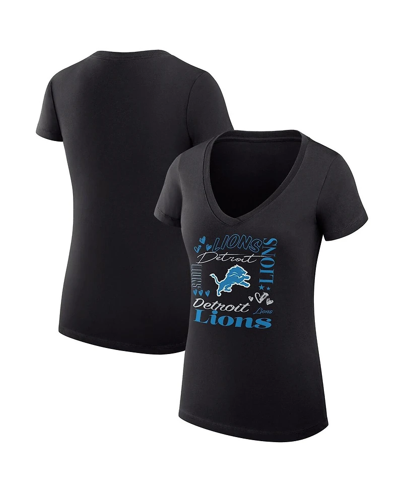 G-iii 4Her by Carl Banks Women's Black Detroit Lions Super-Slim Fit Lightweight Collage Team V-Neck T-Shirt