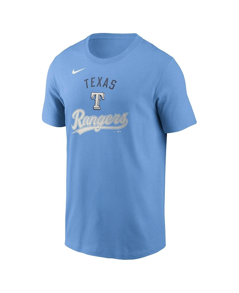 Nike Men's Light Blue Texas Rangers Early Innings Stack T-Shirt