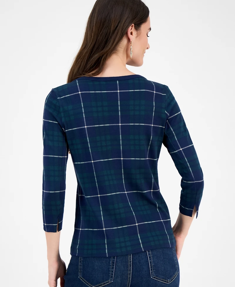Style & Co Women's Plaid Pima Cotton 3/4 Sleeve Boat-Neck Top, Macy's Exclusive